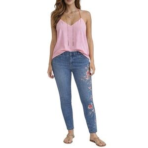 Soft Surroundings Denim Pull On Skinny Jeans | Metro Floral Embroidered | Medium